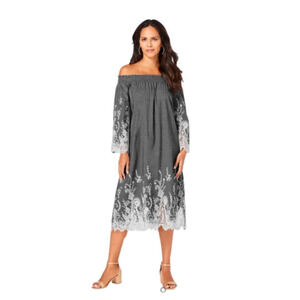 Roaman’s off shoulder eyelet embroidered dress size 26 W NWOT gray white